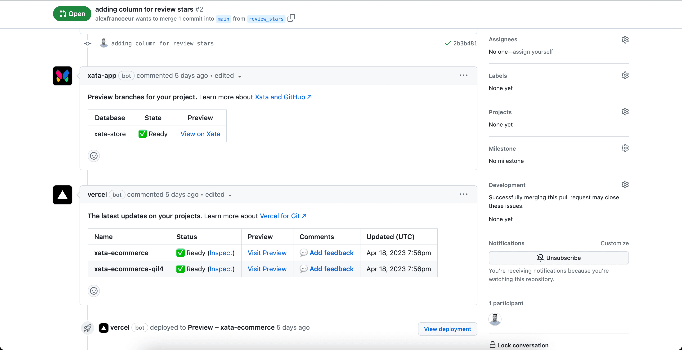 A screenshot GitHub comments for Xata in Vercel